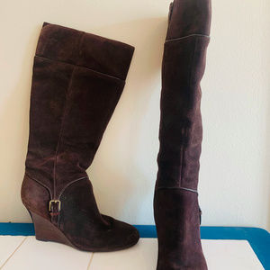 Loft Suede Wedge Knee High Boots  Chocolate Brown